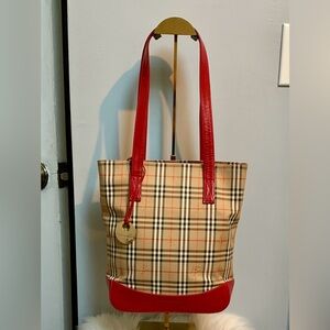 Authentic Burberry vintage Haymarket Check and red leather shoulder bag.